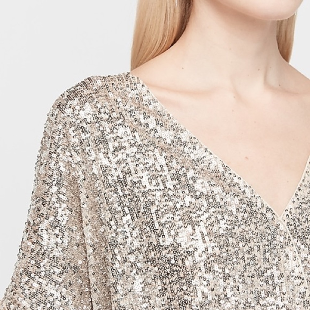 Express Sequin Wrap Front Peplum Top - image 4